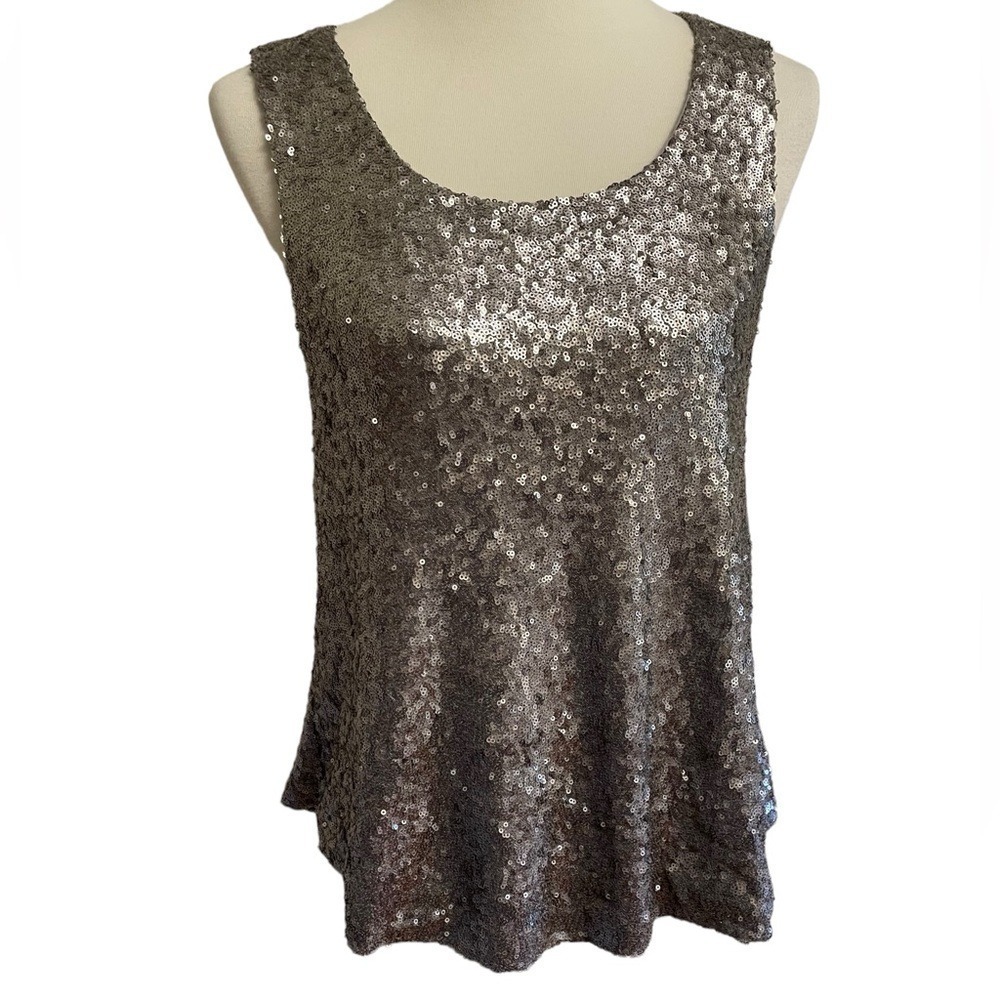 BKE Boutique Sequin Tank Top Women Large Silver Open Back Bows